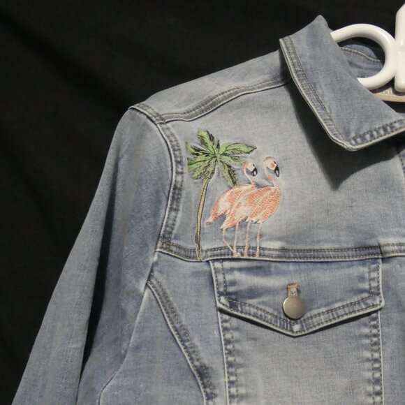 CHICO'S | size 3 | Button-Up Front Blue Denim Jacket | Flamingo Front and Back - Picture 3 of 16